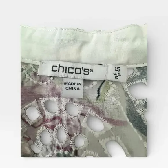 Chico’s Eyelet Tunic Blouse Size 1.5 / US 10 Boho Cottagecore Resort Cotton Top - Picture 7 of 9